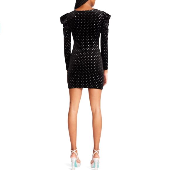 Betsey Johnson Power Shoulder Black Velvet Dress Metallic Silver Polk Dot Size M - Picture 2 of 15